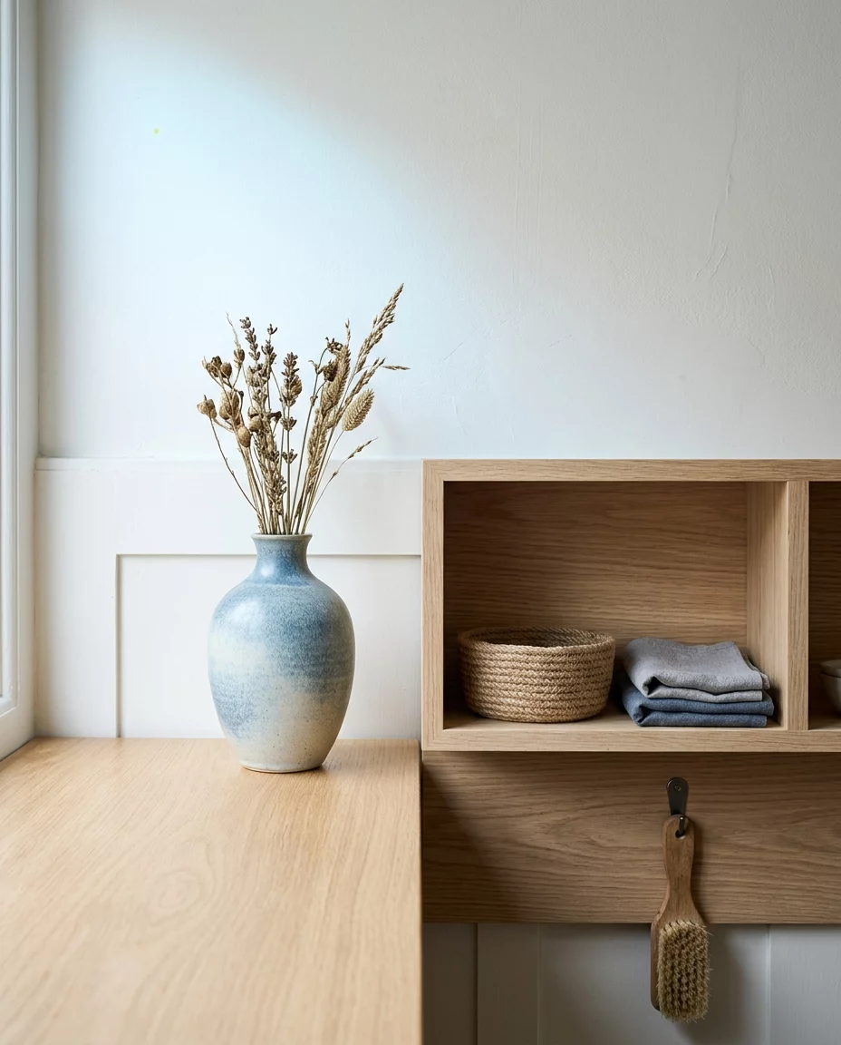 Keramische Vase neben einer offenen Aufbewahrungsbox aus hellem Holz