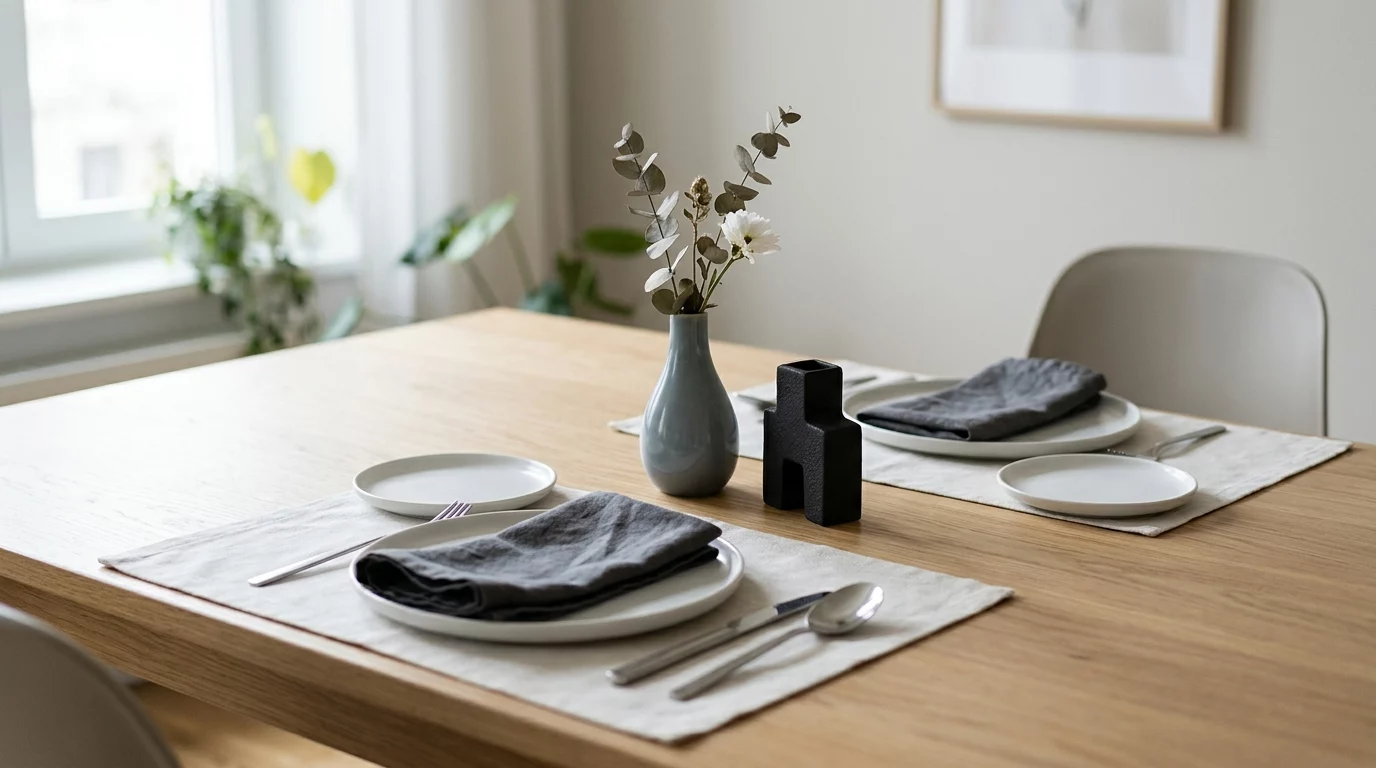 Stilvoll gedeckter Esstisch mit Vase und kleiner Skulptur als ruhige Blickpunkte